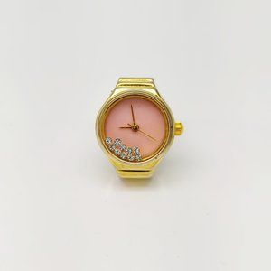 Vintage Unbranded (Pink MOP dial?) ring watch gold tone with floating crystals b